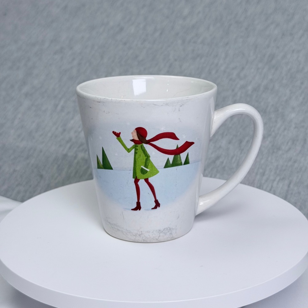 Designpac Winter Girl in Green Coat Red Scarf Ceramic Coffee Mug White M117